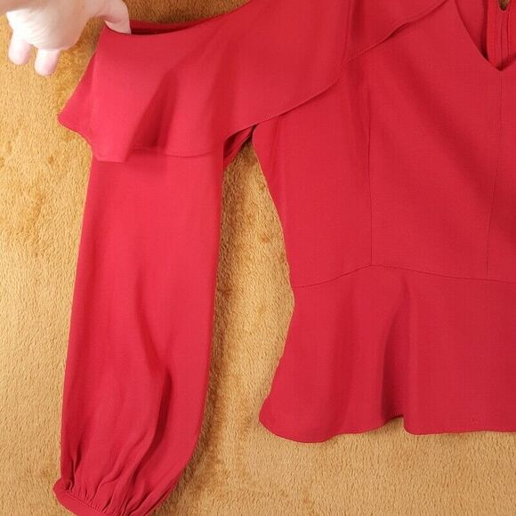 INTERMIX Womens Top Size 8 Red Cold Shoulder Ruffle Peplum Hem Keyhole Back - Picture 2 of 9